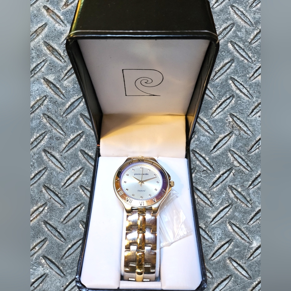 New Vintage Pierre Cardin Men's Silver and Gold-tone with Diamonds Quartz Watch